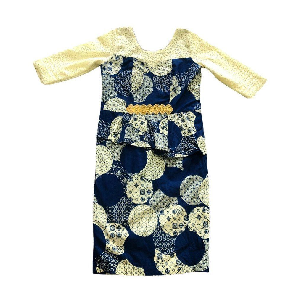 ‎Vintage Handmade Blue Cream Peplum Dress Jet